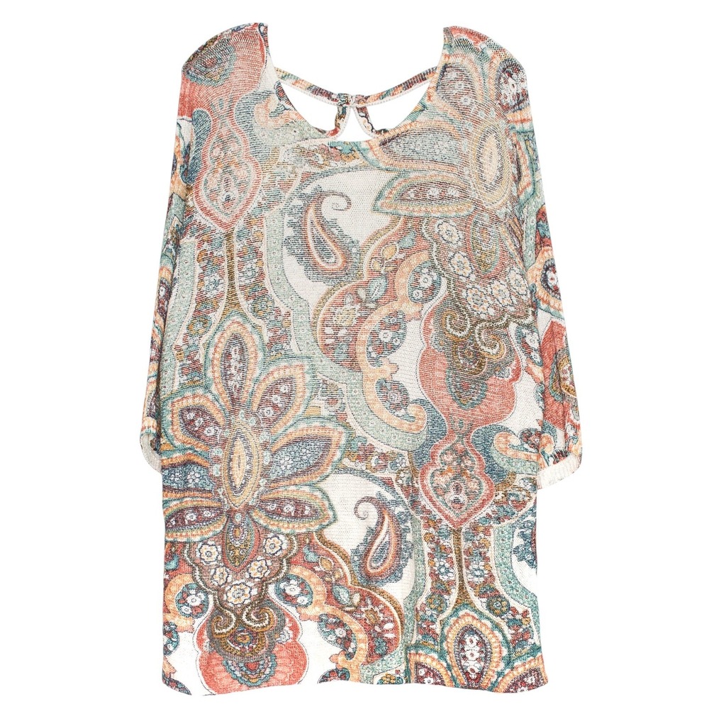 Chicos Tunic Sweater 3/4 Sleeve Paisley Boho Casual Artisan Resort Size 3 XL 16‎